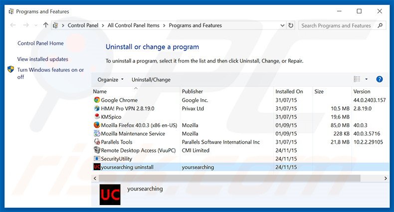 yoursearching.com browser hijacker verwijdering via het Controle Paneel