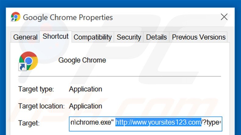 Verwijder yoursites123.com als doel van de snelkoppeling in Google Chrome stap 2
