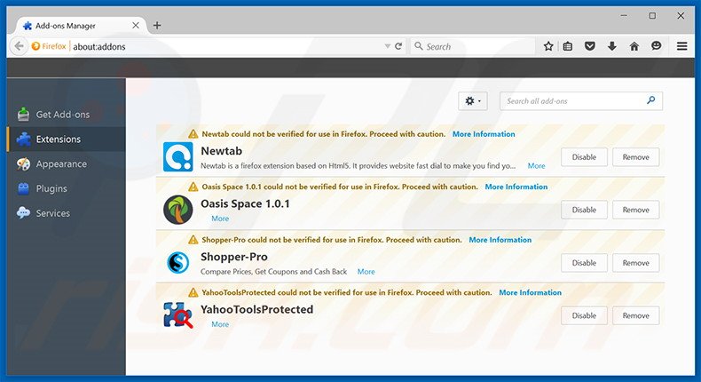 Verwijder yoursites123.com gerelateerde Mozilla Firefox extensies