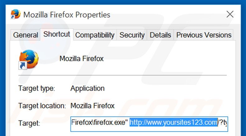 Verwijder yoursites123.com als doel van de Mozilla Firefox snelkoppeling stap 2