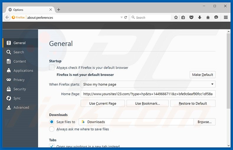 Verwijder yoursites123.com als startpagina in Mozilla Firefox