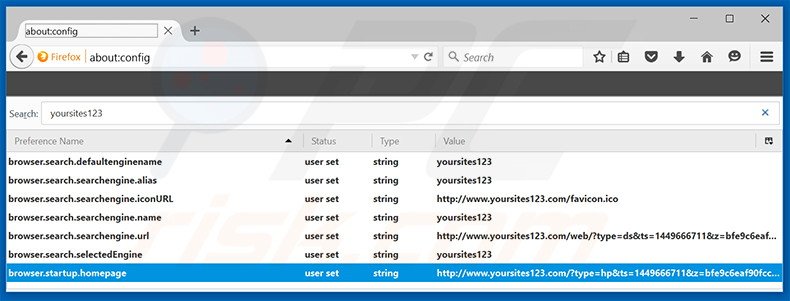 Verwijder yoursites123.com als standaard zoekmachine in Mozilla Firefox
