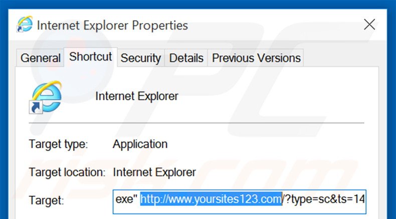 Verwijder yoursites123.com als doel van de Internet Explorer snelkoppeling stap 2