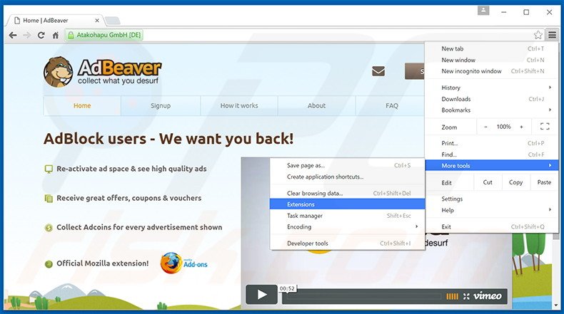 Verwijder de AdBeaver advertenties uit Google Chrome stap 1
