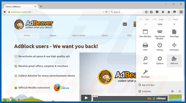 Verwijder de AdBeaver advertenties uit Mozilla Firefox stap 1