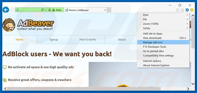 Verwijder de AdBeaver advertenties uit Internet Explorer stap 1