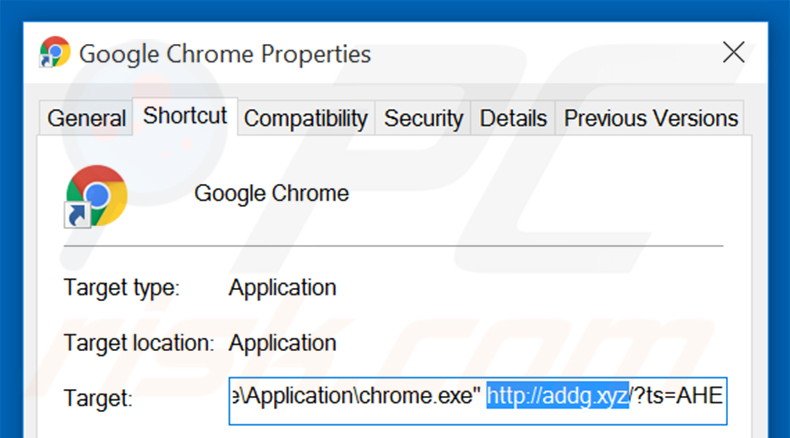 Verwijder addg.xyz als doel van de Google Chrome snelkoppeling stap 2
