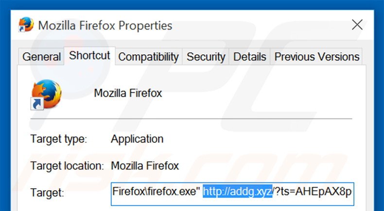 Verwijder addg.xyz als doel van de Mozilla Firefox snelkoppeling stap 2