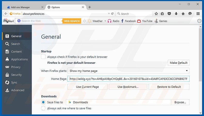 Verwijder addg.xyz als startpagina in Mozilla Firefox