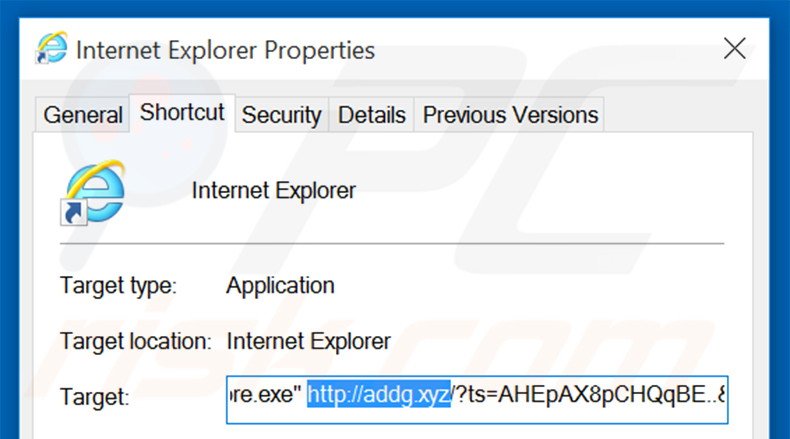 Verwijder addg.xyz als doel van de Internet Explorer snelkoppeling stap 2