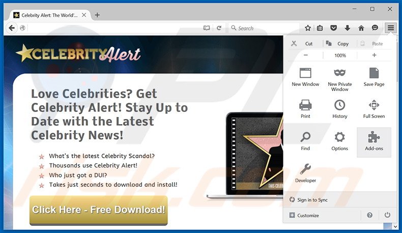 Verwijder de Celebrity Alert advertenties uit Mozilla Firefox stap 1