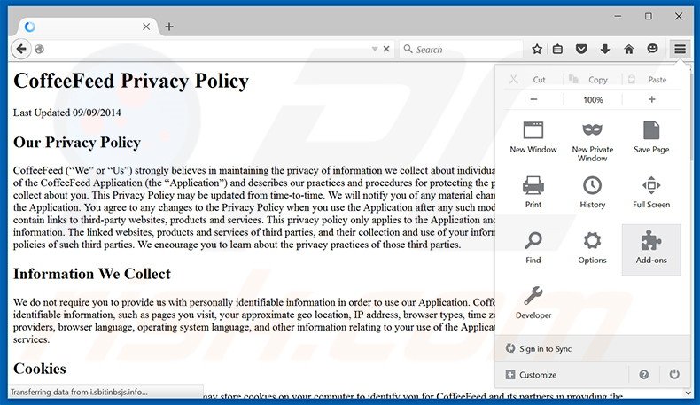 Verwijder de CoffeeFeed advertenties uit Mozilla Firefox stap 1
