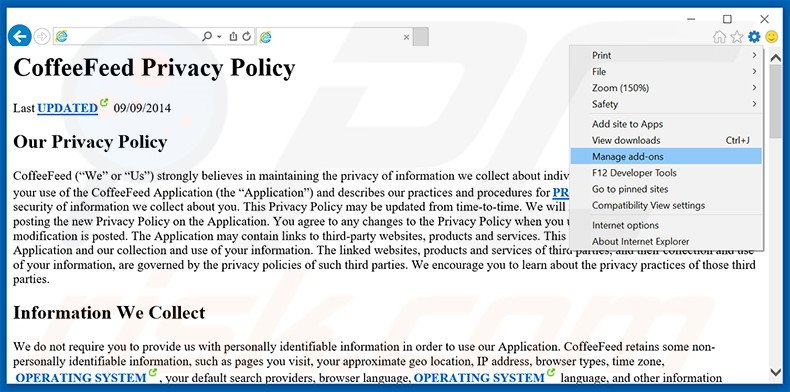 Verwijder de CoffeeFeed advertenties uit Internet Explorer stap 1