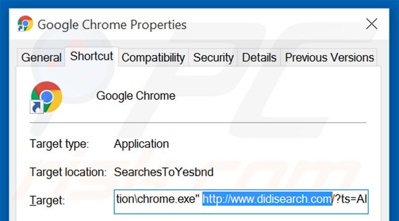 Verwijder didisearch.com als doel van de Google Chrome snelkoppeling stap 2