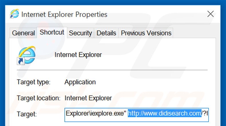 Verwijder didisearch.com als doel van de Internet Explorer snelkoppeling stap 2