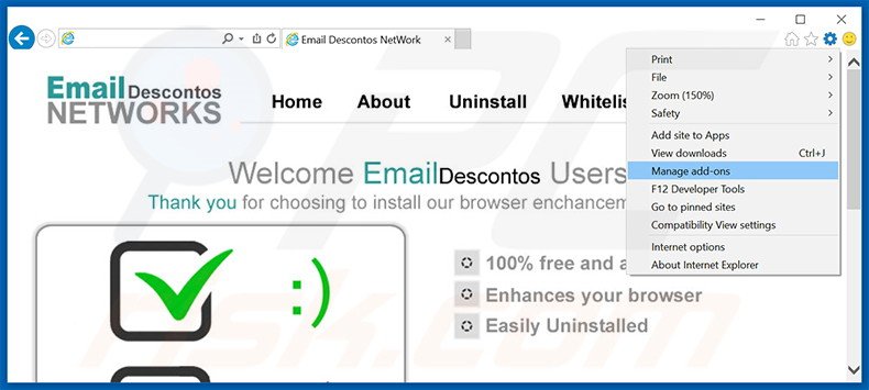 Verwijder de Email Descontos advertenties uit Internet Explorer stap 1