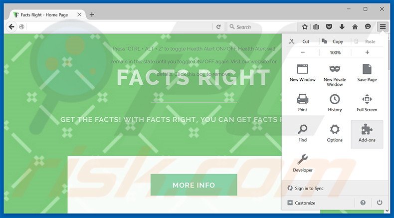 Removing Facts Right ads from Mozilla Firefox step 1