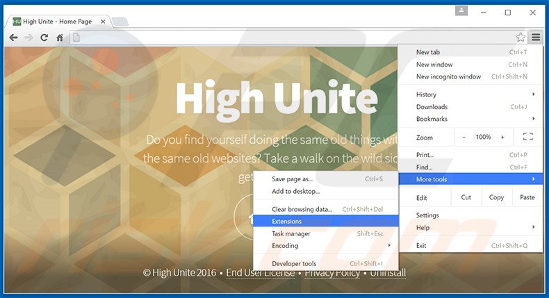 Verwijder de High Unite advertenties uit Google Chrome stap 1