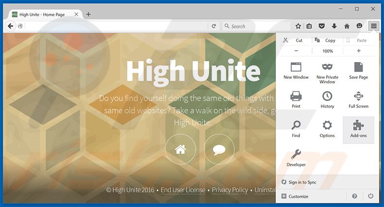 Verwijder de High Unite advertenties uit Mozilla Firefox stap 1