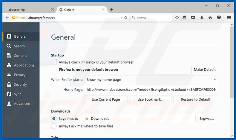 Verwijder mybeesearch.com als startpagina in Mozilla Firefox