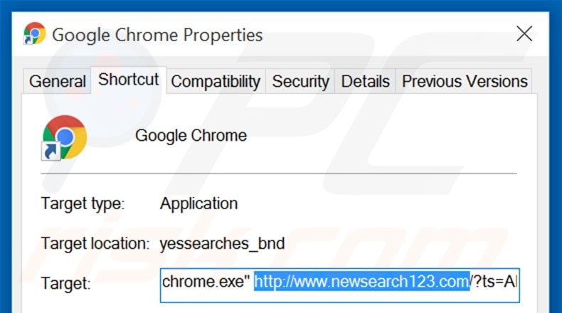 Verwijder newsearch123.com als doel van de Google Chrome snelkoppeling stap 2