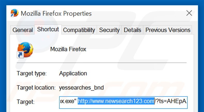 Verwijder newsearch123.com als doel van de Mozilla Firefox snelkoppeling stap 2