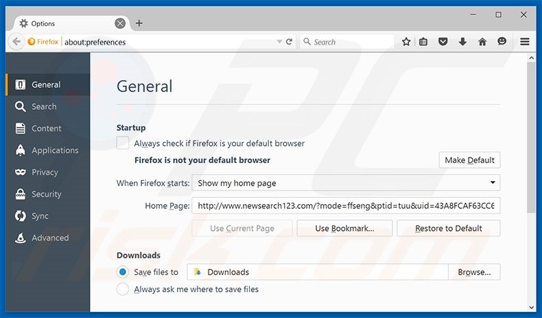 Verwijder newsearch123.com als startpagina in Mozilla Firefox