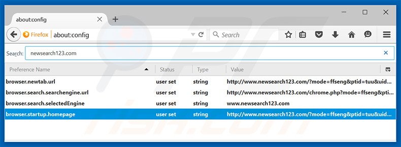 Verwijder newsearch123.com als standaard zoekmachine in Mozilla Firefox