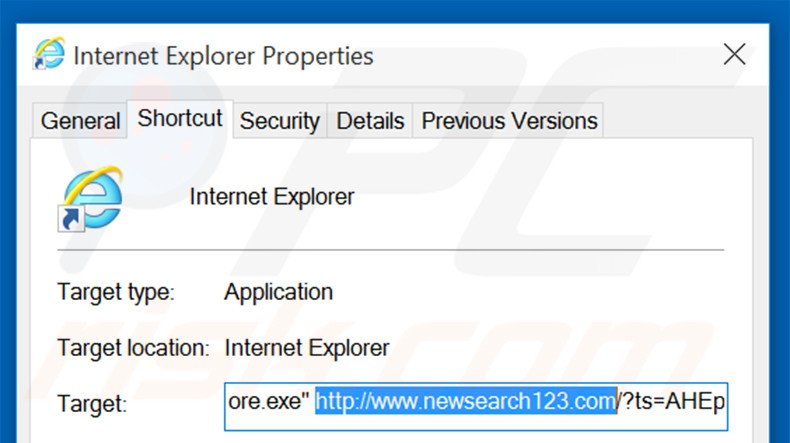 Verwijder newsearch123.com als doel van de Internet Explorer snelkoppeling stap 2