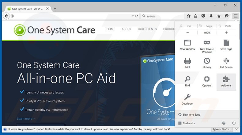 Verwijder One System Care uit Mozilla Firefox stap 1