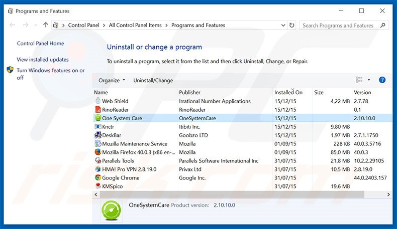 One System Care adware verwijderen via het configuratiescherm