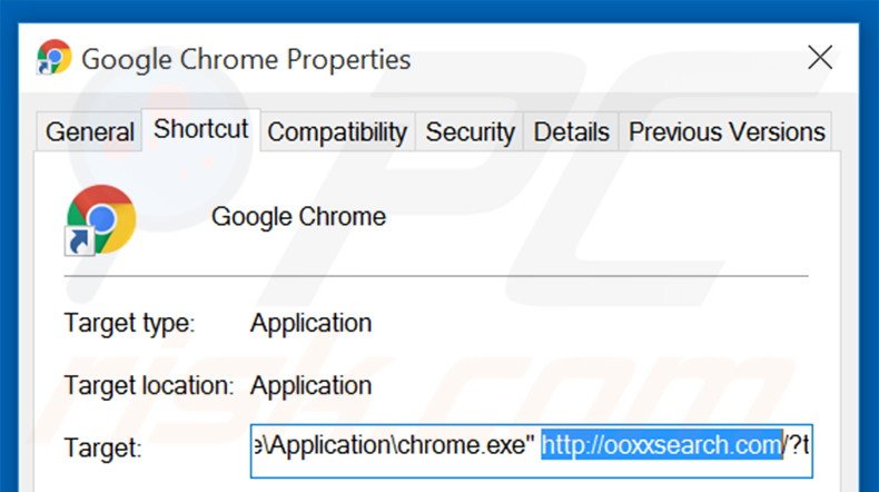 Verwijder ooxxsearch.com als doel van de Google Chrome snelkoppeling stap 2