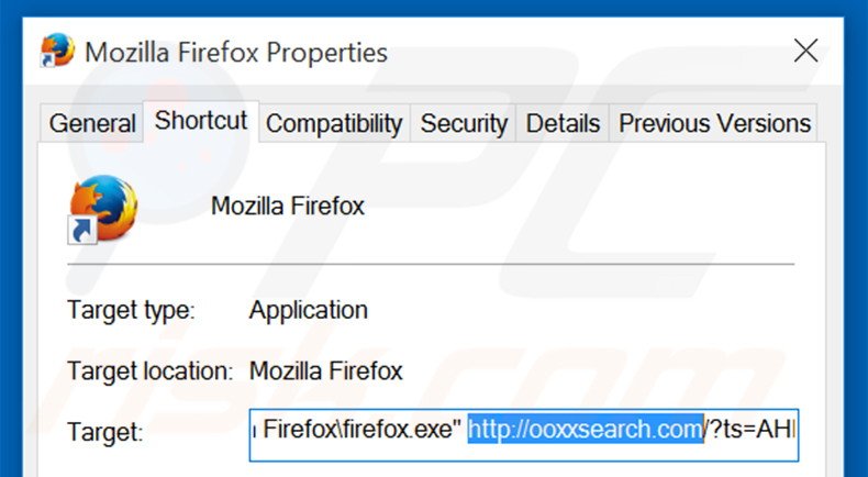 Verwijder ooxxsearch.com als doel van de Mozilla Firefox snelkoppeling stap 2