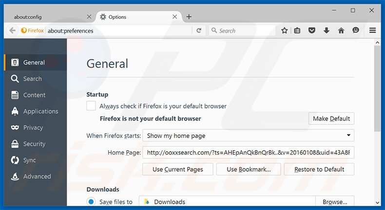 Verwijder ooxxsearch.com als startpagina in Mozilla Firefox