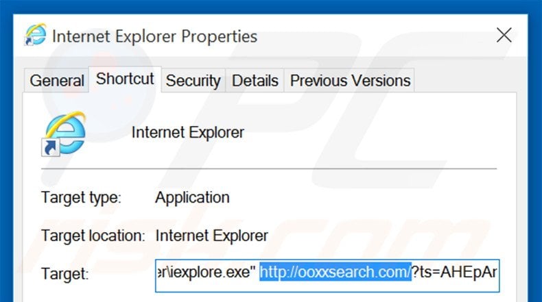 Verwijder ooxxsearch.com als doel van de Internet Explorer snelkoppeling stap 2