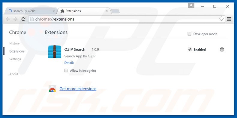 Verwijder aan search.ozipcompression.com gerelateerde Google Chrome extensies