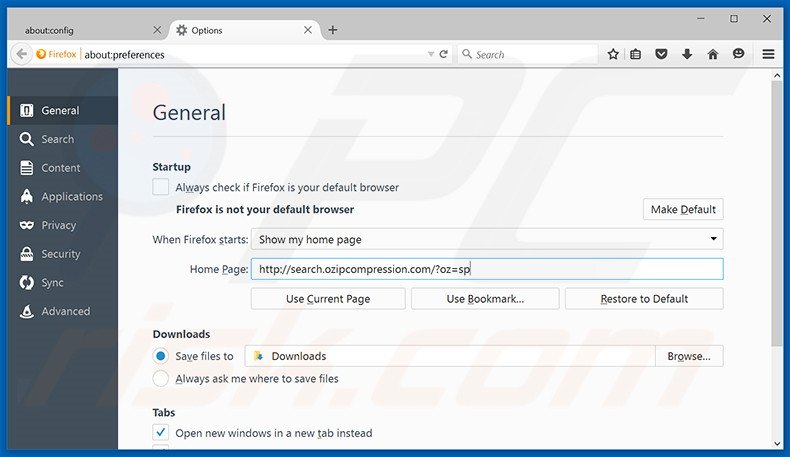 Verwijder search.ozipcompression.com als startpagina in Mozilla Firefox