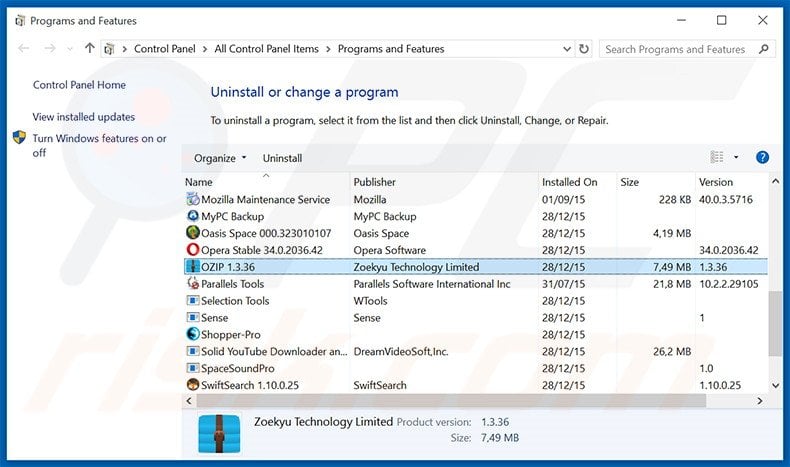 search.ozipcompression.com browser hijacker verwijdering via het Controle Paneel