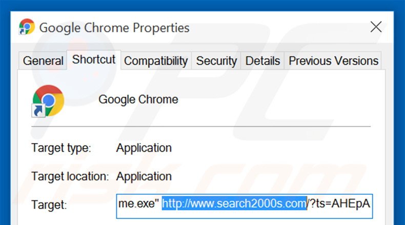 Verwijder search2000s.com als doel van de Google Chrome snelkoppeling stap 2