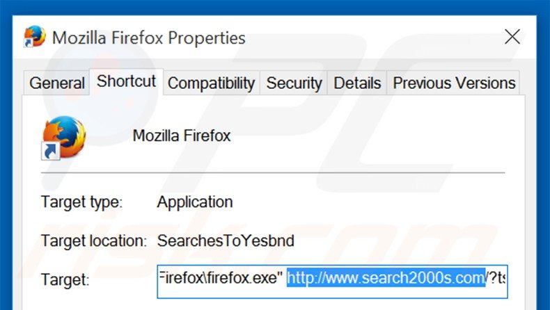 Verwijder search2000s.com als doel van de Mozilla Firefox snelkoppeling stap 2