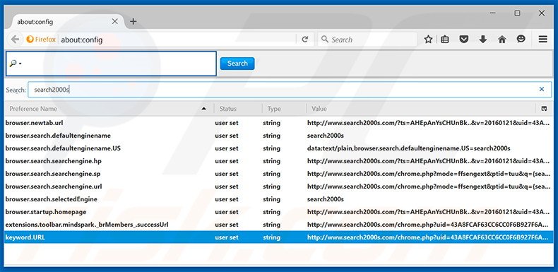 Verwijder search2000s.com als standaard zoekmachine in Mozilla Firefox