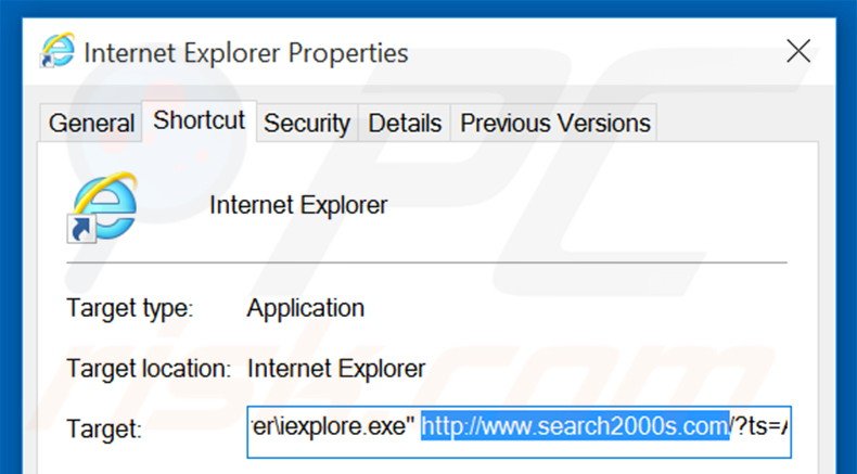 Verwijder search2000s.com als doel van de Internet Explorer snelkoppeling stap 2