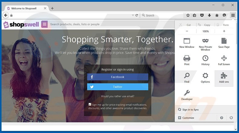 Removing Shopswell ads from Mozilla Firefox step 1