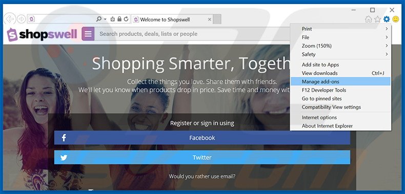 Verwijder Shopswell advertenties uit Internet Explorer stap 1