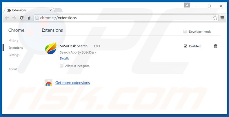 Verwijder aan search.sosodesktop.com gerelateerde Google Chrome extensies