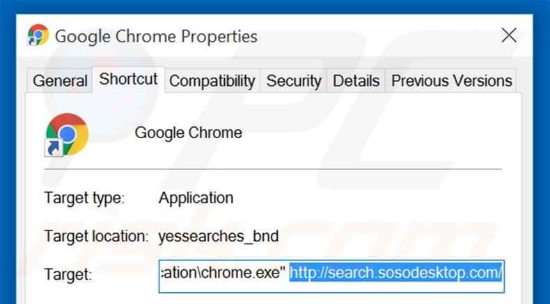 Verwijder search.sosodesktop.com als doel van de Google Chrome snelkoppeling stap 2