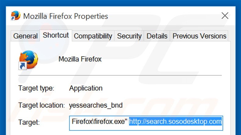 Verwijder search.sosodesktop.com als doel van de Mozilla Firefox snelkoppeling stap 2