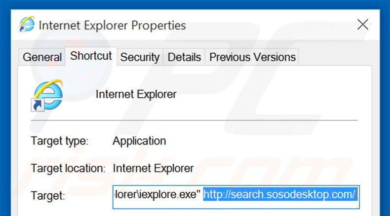 Verwijder search.sosodesktop.com als doel van de snelkoppeling naar Internet Explorer stap 2