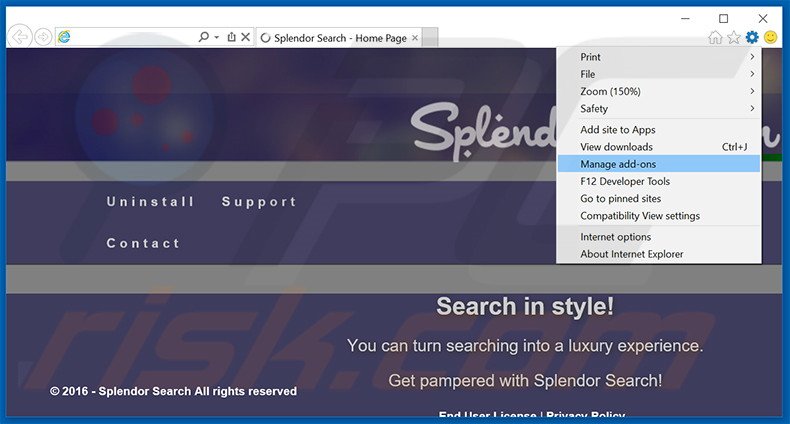 Verwijder de Splendor Search advertenties uit Internet Explorer stap 1
