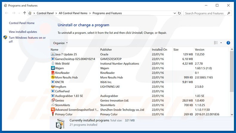 Splendor Search adware verwijdering via het Controle Paneel